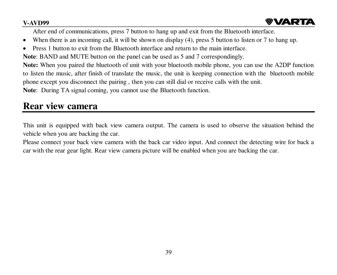 Varta V-AVD99 instruction manual Rear view camera 