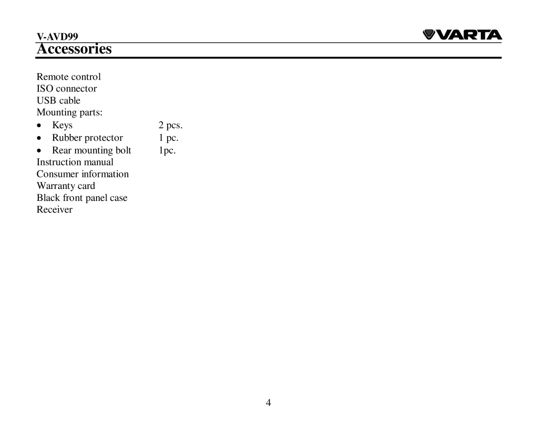 Varta V-AVD99 instruction manual Accessories 