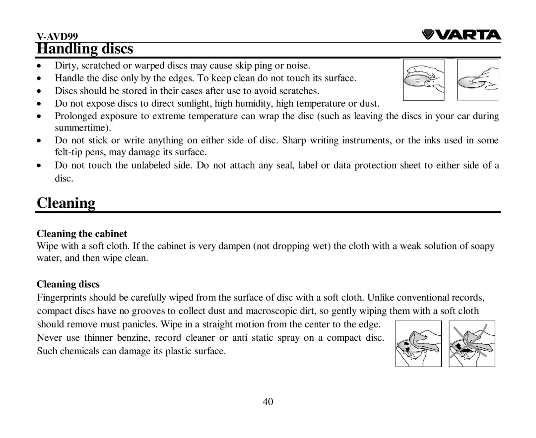 Varta V-AVD99 instruction manual Handling discs, Cleaning the cabinet, Cleaning discs 