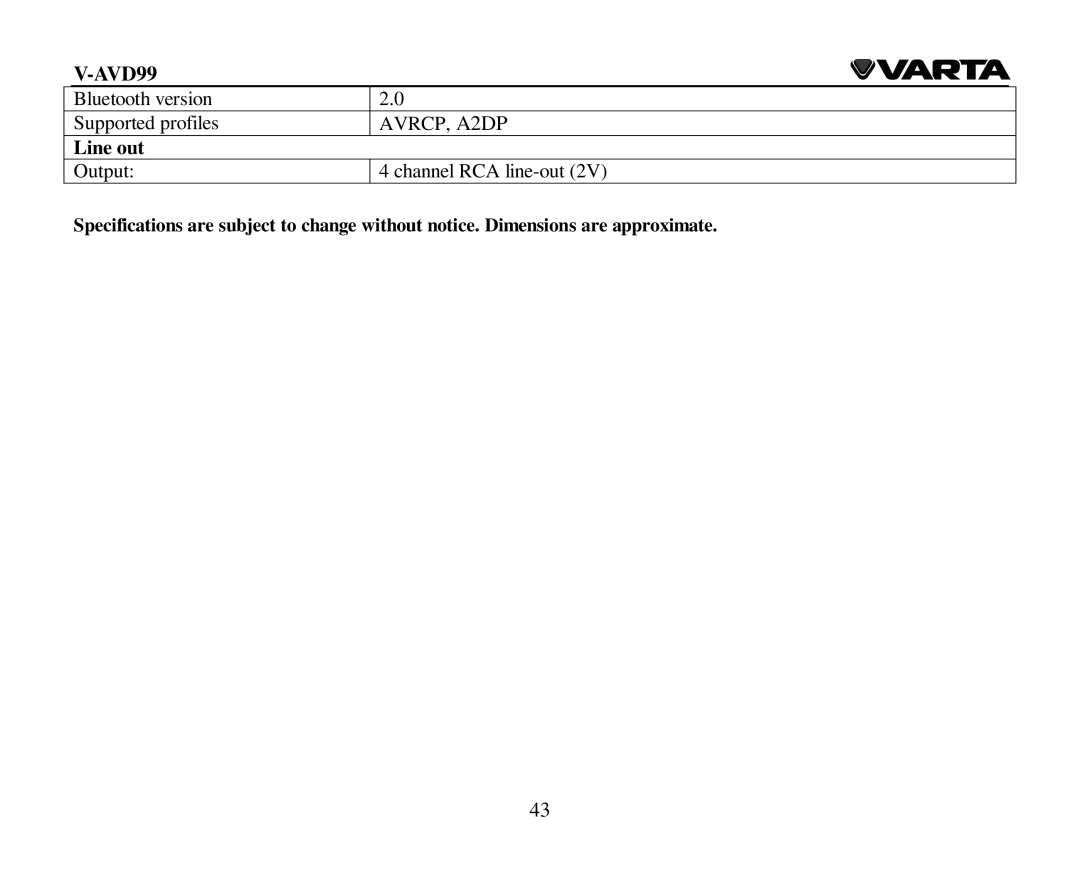 Varta V-AVD99 instruction manual Line out 