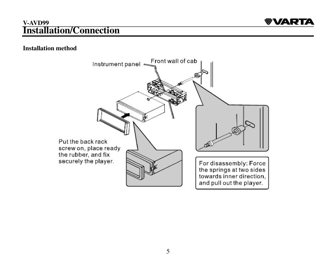 Varta V-AVD99 instruction manual Installation/Connection, Installation method 