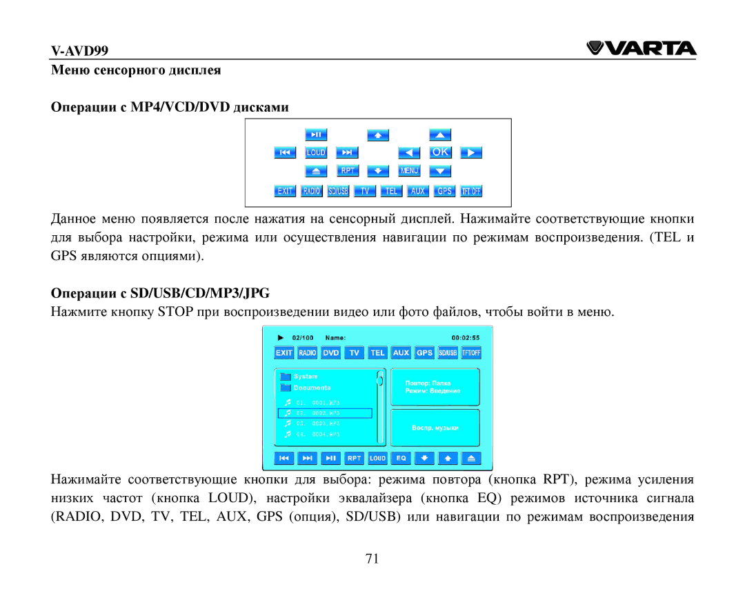 Varta V-AVD99 instruction manual Μеню сенсοрнοгο дисплея Οперации с MP4/VCD/DVD дисками, Οперации с SD/USB/CD/MP3/JPG 