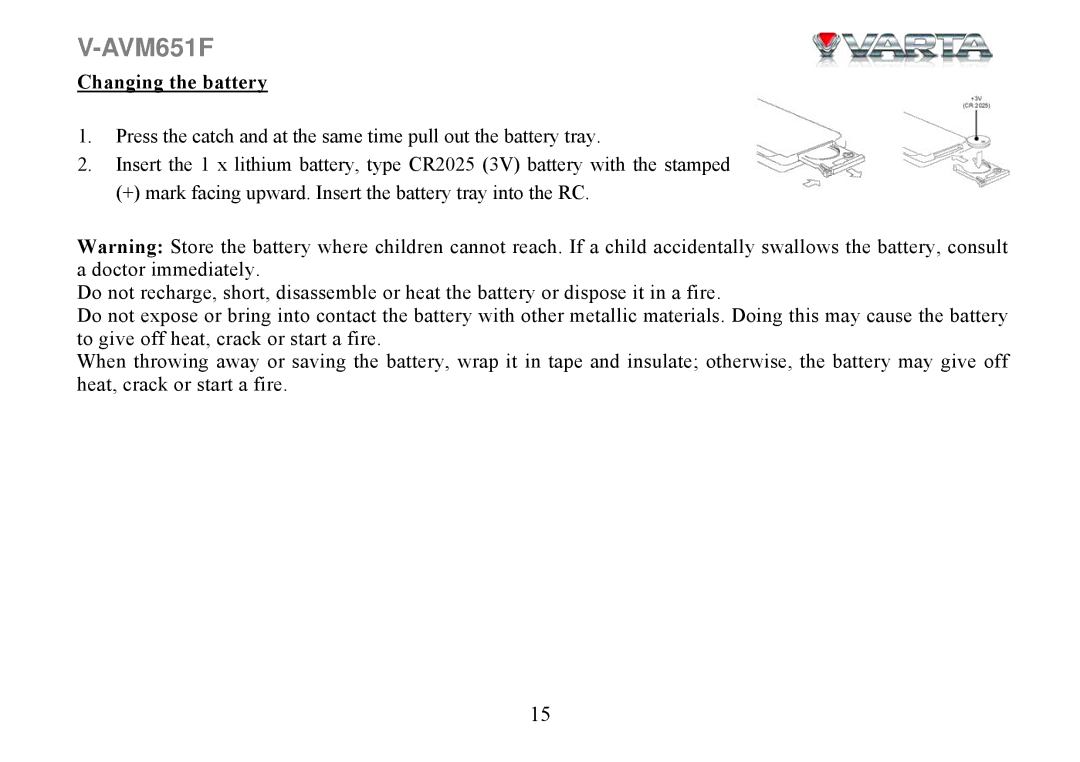 Varta V-AVM651F instruction manual Changing the battery 