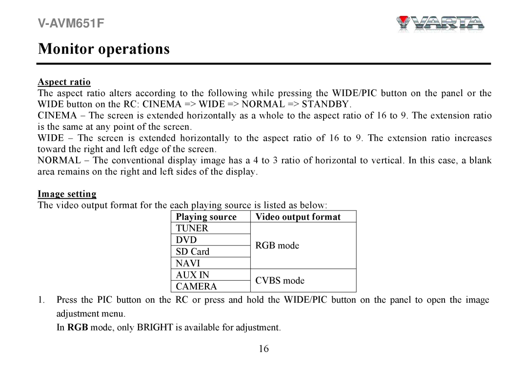 Varta V-AVM651F instruction manual Monitor operations, Aspect ratio, Image setting, Playing source Video output format 