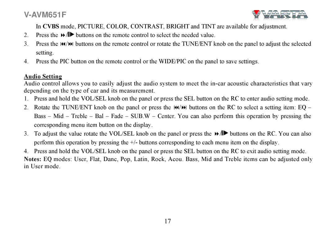 Varta V-AVM651F instruction manual Audio Setting 