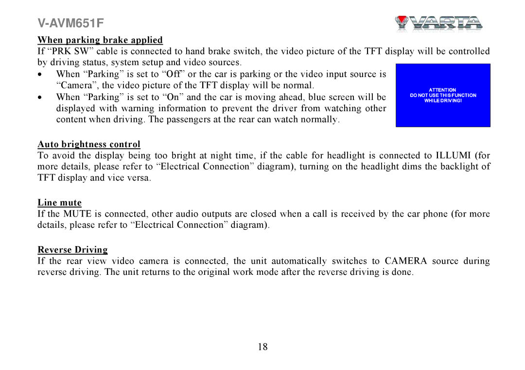 Varta V-AVM651F instruction manual When parking brake applied, Auto brightness control, Line mute, Reverse Driving 