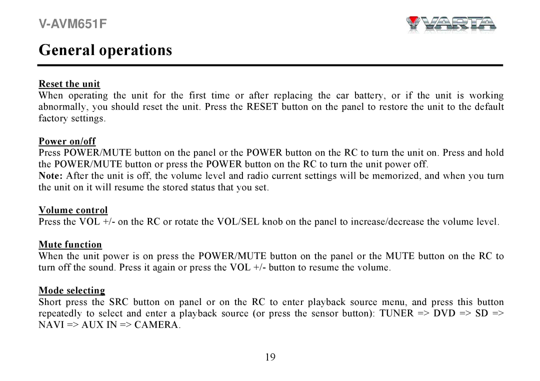 Varta V-AVM651F instruction manual General operations 