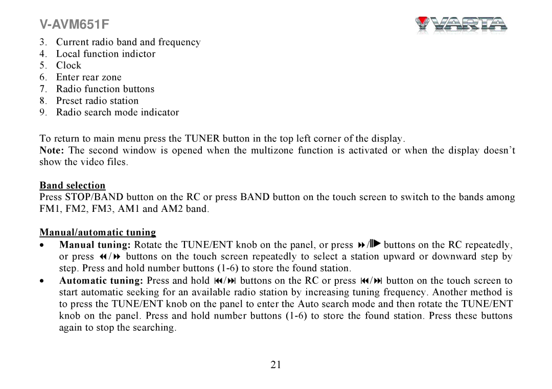 Varta V-AVM651F instruction manual Band selection, Manual/automatic tuning 