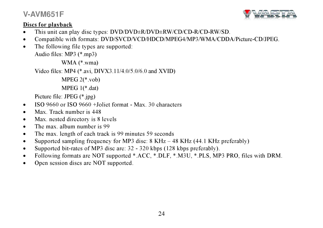 Varta V-AVM651F instruction manual Discs for playback 