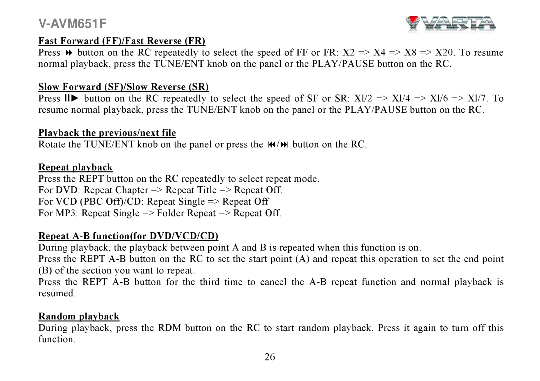 Varta V-AVM651F Fast Forward FF/Fast Reverse FR, Slow Forward SF/Slow Reverse SR, Playback the previous/next file 