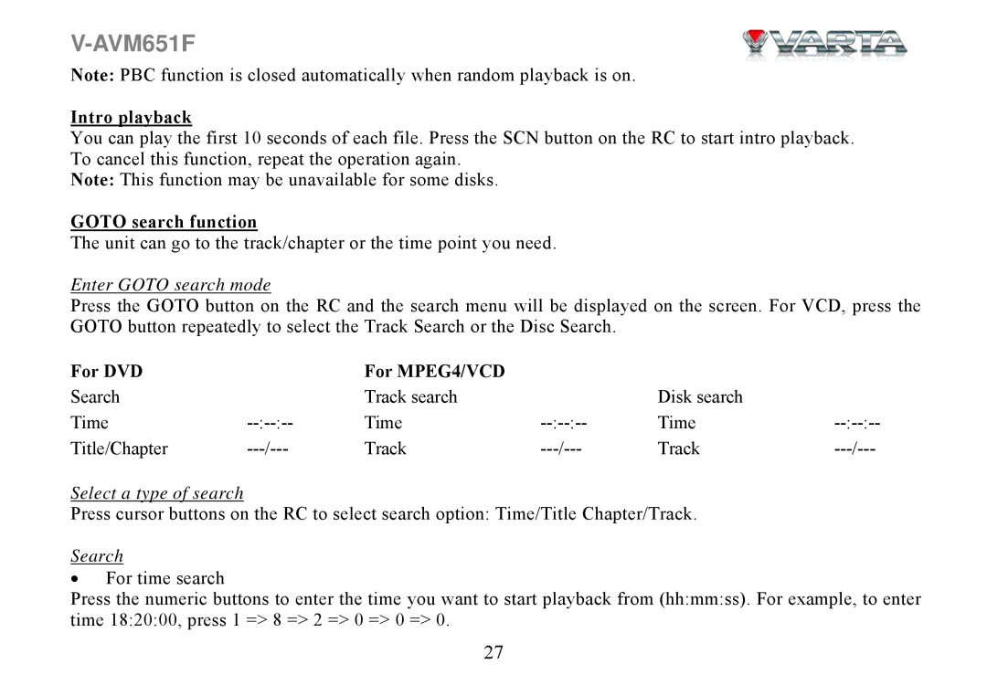 Varta V-AVM651F instruction manual Intro playback, Goto search function, For DVD For MPEG4/VCD 