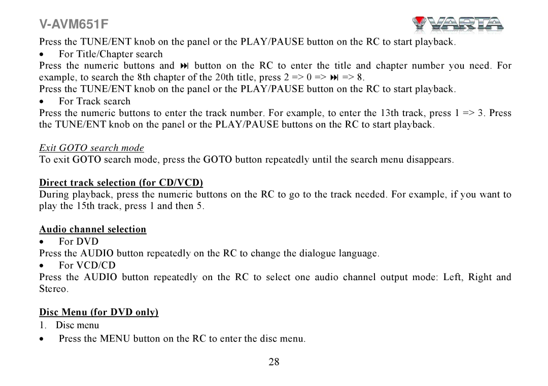 Varta V-AVM651F instruction manual Direct track selection for CD/VCD, Audio channel selection, Disc Menu for DVD only 