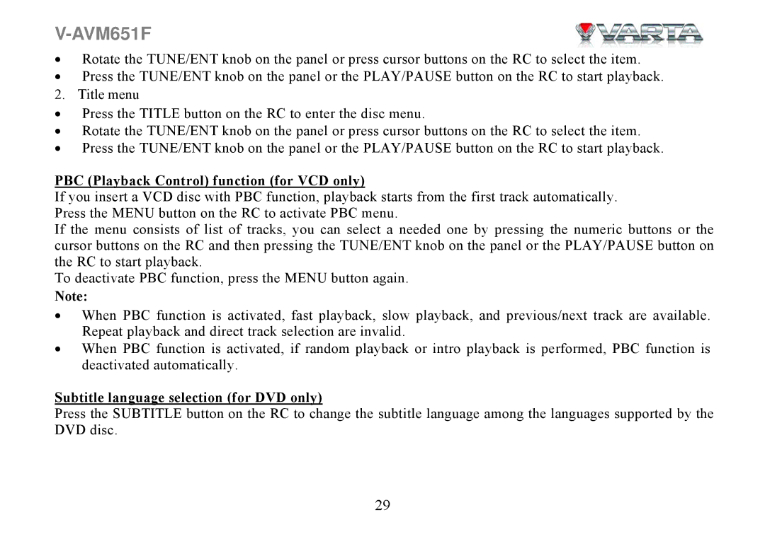 Varta V-AVM651F instruction manual PBC Playback Control function for VCD only, Subtitle language selection for DVD only 