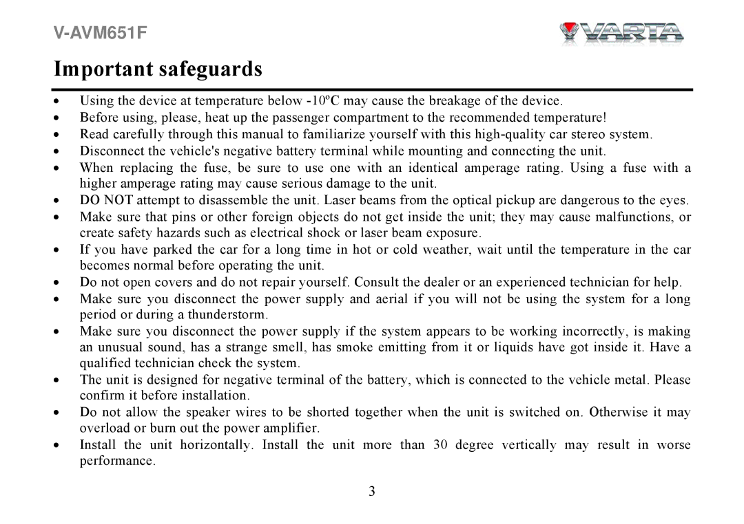 Varta V-AVM651F instruction manual Important safeguards 