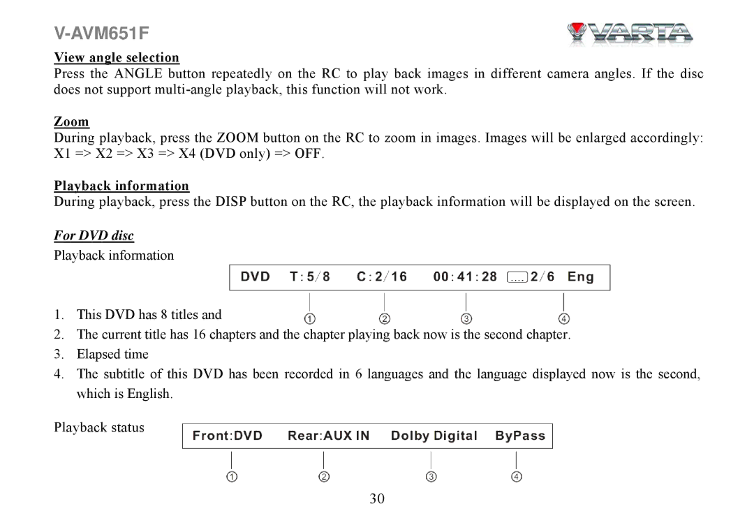 Varta V-AVM651F instruction manual View angle selection, Zoom, Playback information 