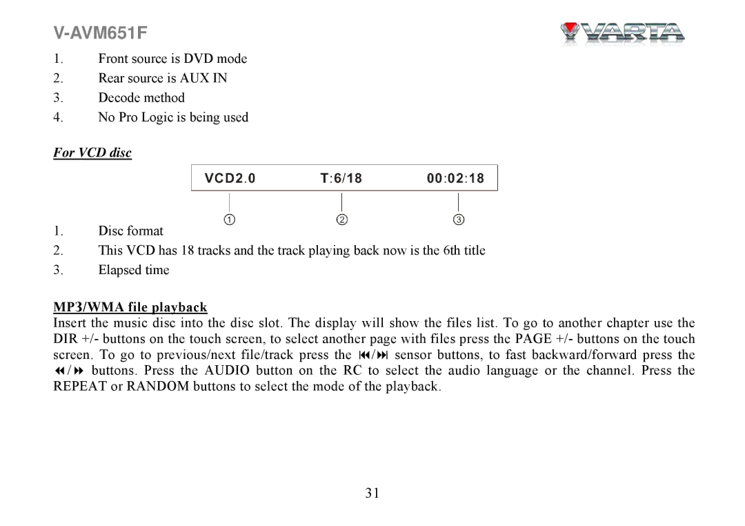 Varta V-AVM651F instruction manual For VCD disc, МРЗ/WMA file playback 