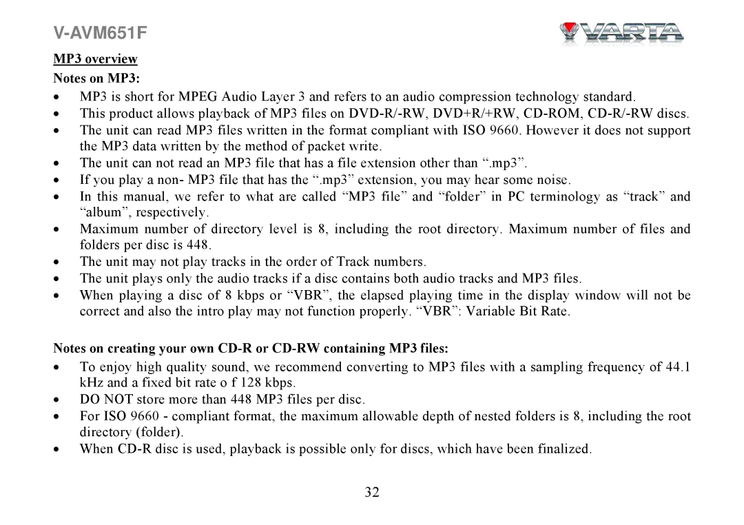 Varta V-AVM651F instruction manual MP3 overview 