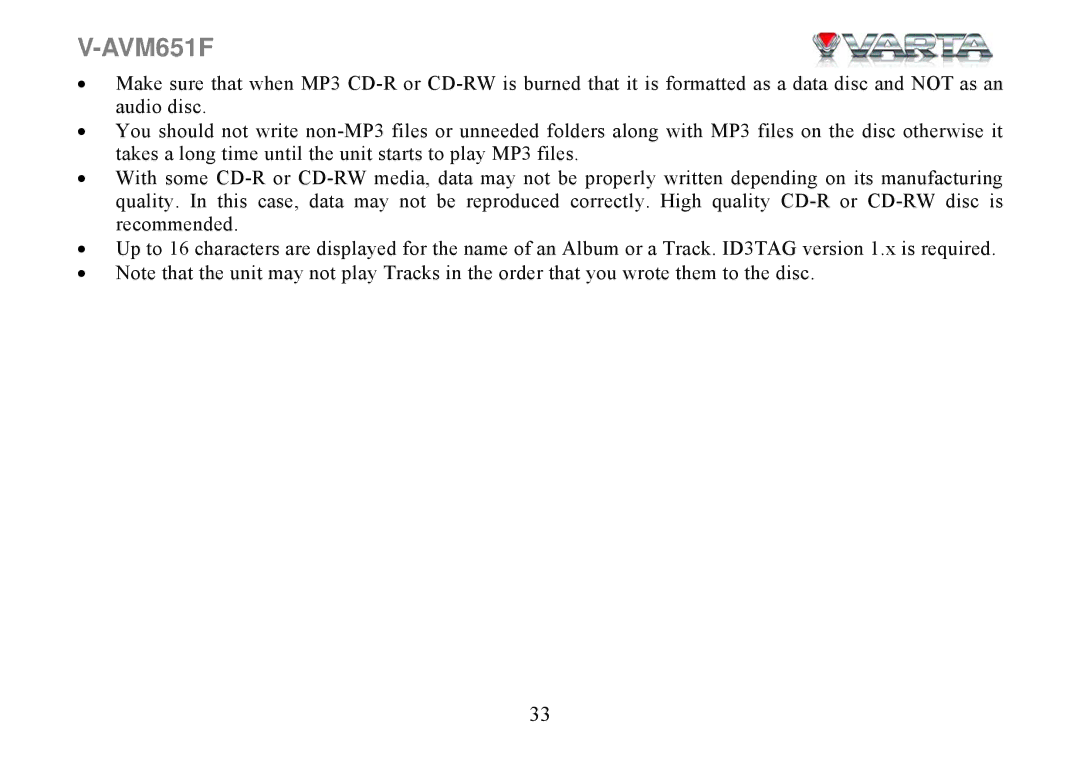 Varta V-AVM651F instruction manual 