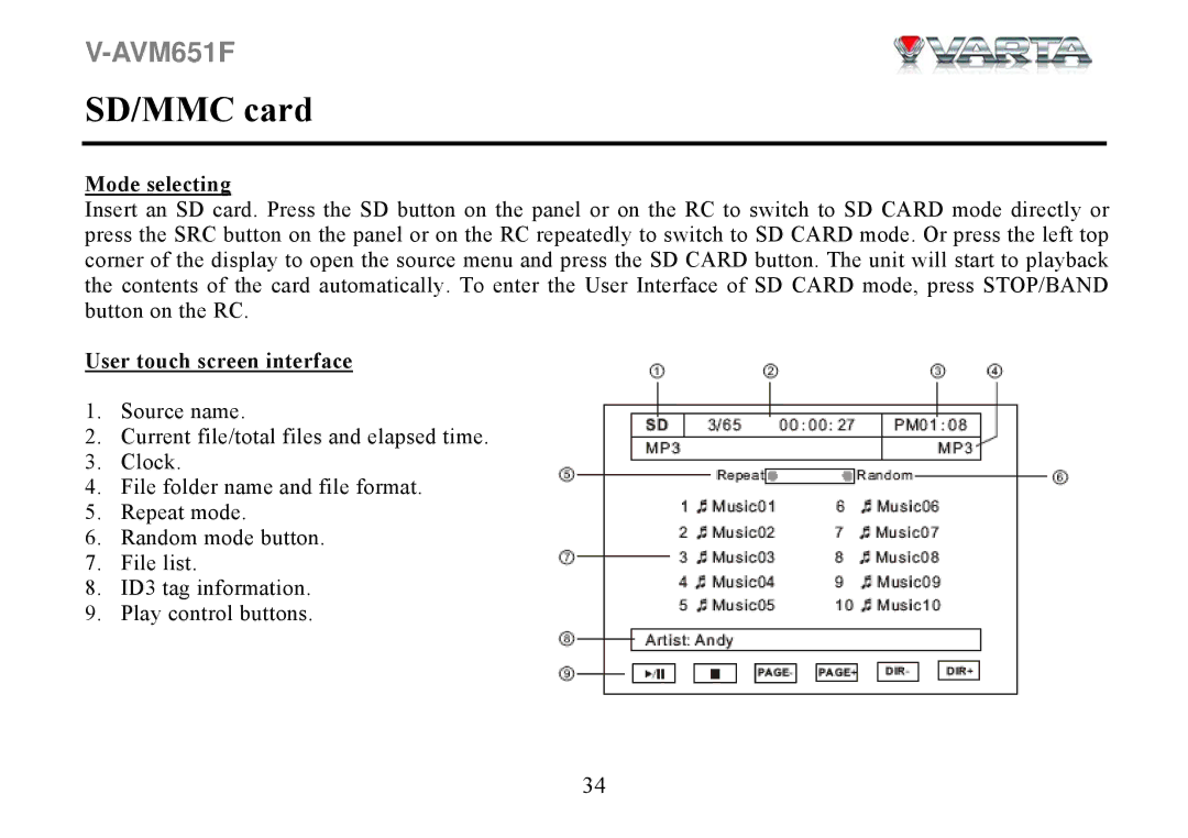 Varta V-AVM651F instruction manual SD/MMC card, User touch screen interface 