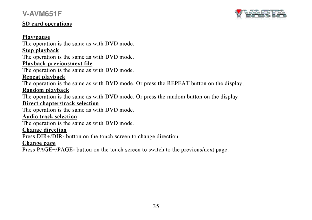 Varta V-AVM651F SD card operations Play/pause, Playback previous/next file, Direct chapter/track selection, Change 