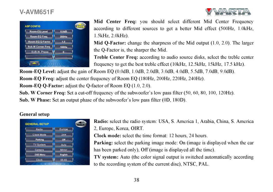 Varta V-AVM651F instruction manual General setup 