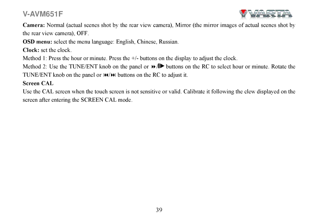 Varta V-AVM651F instruction manual Screen CAL 