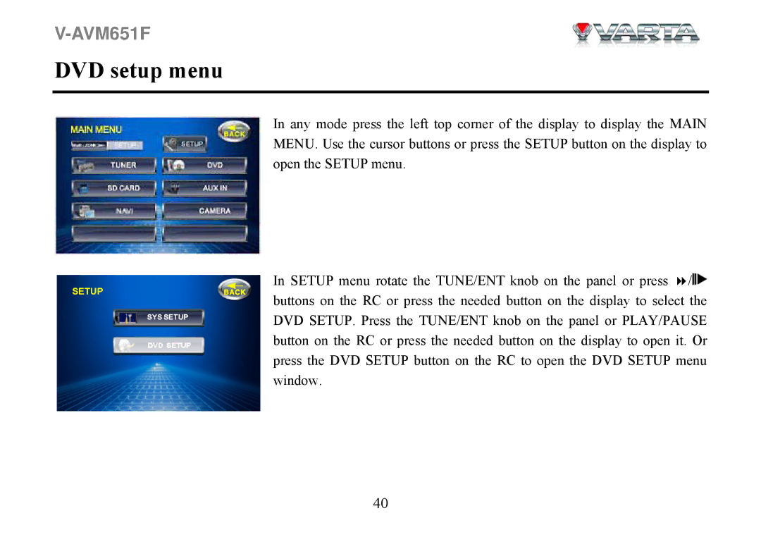 Varta V-AVM651F instruction manual DVD setup menu 