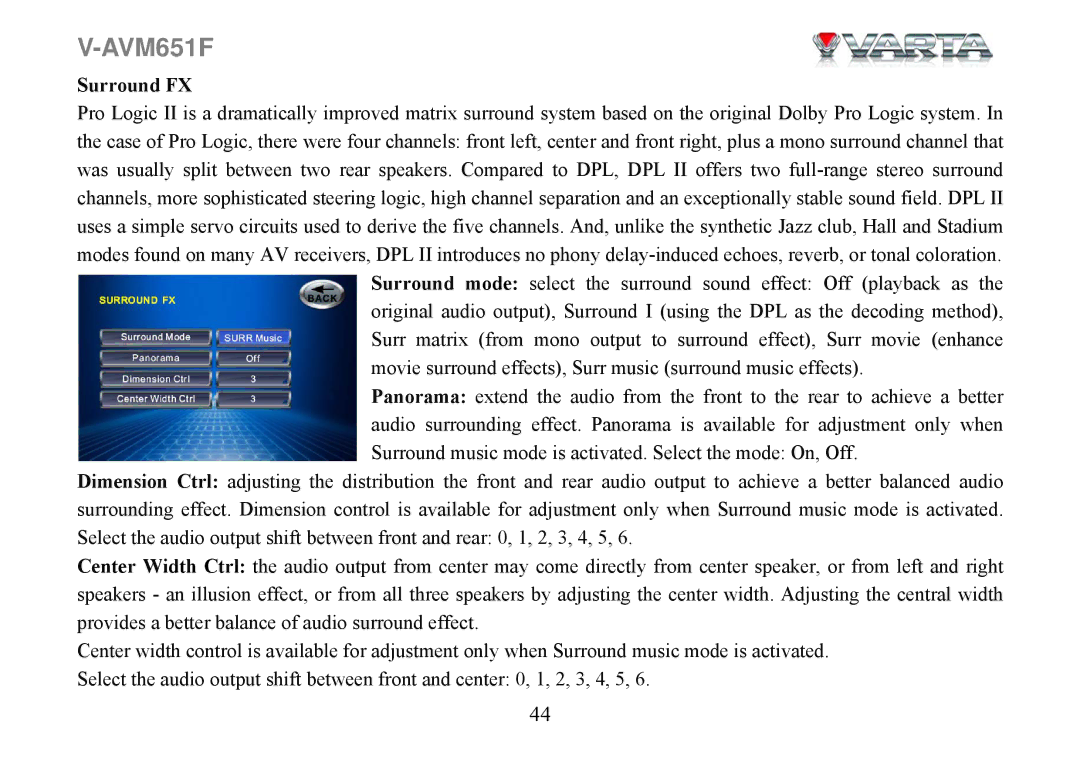 Varta V-AVM651F instruction manual Surround FX 