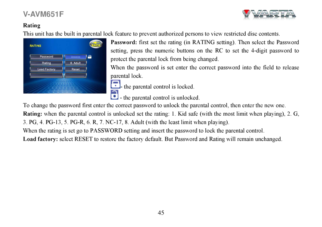 Varta V-AVM651F instruction manual Rating 