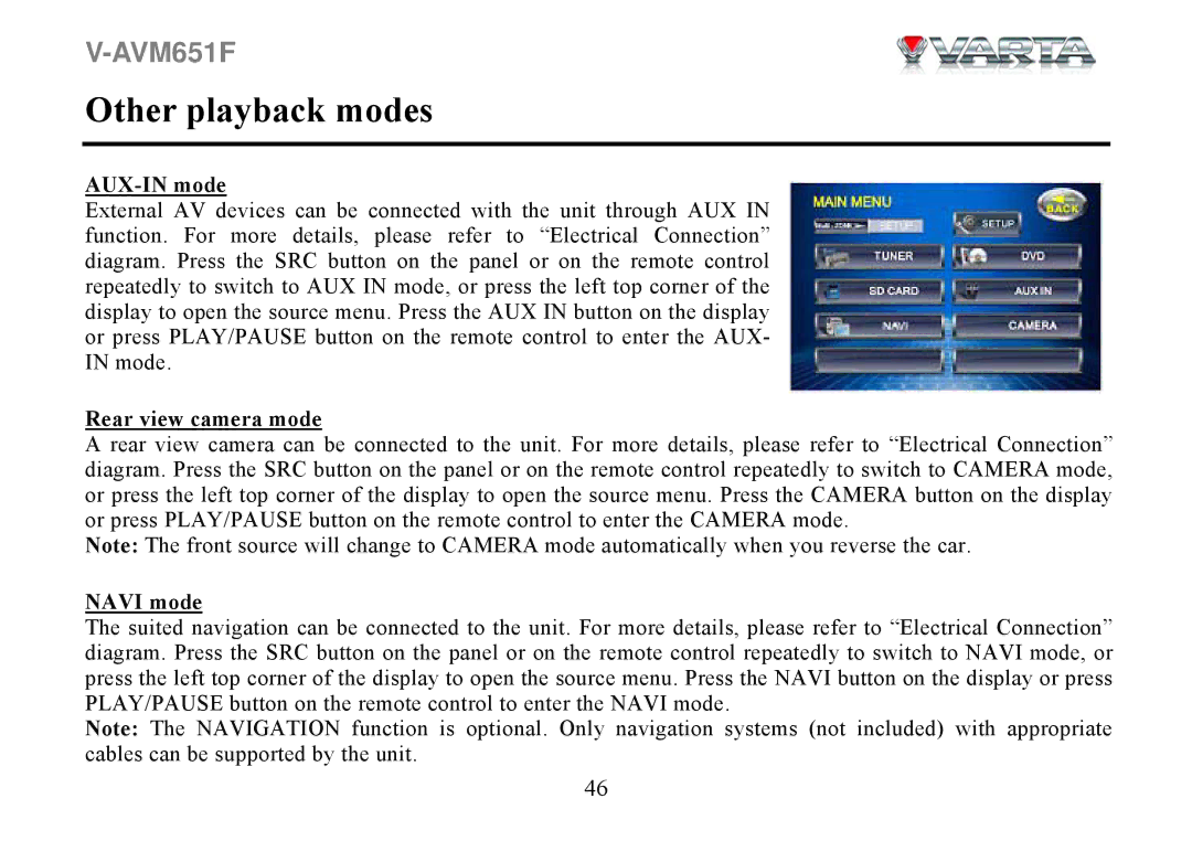 Varta V-AVM651F instruction manual Other playback modes, AUX-IN mode, Rear view camera mode, Navi mode 