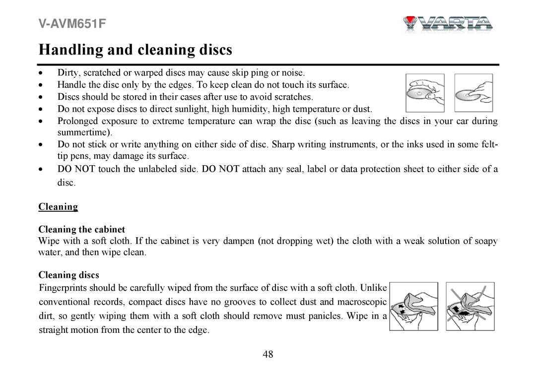 Varta V-AVM651F instruction manual Handling and cleaning discs, Cleaning Cleaning the cabinet, Cleaning discs 