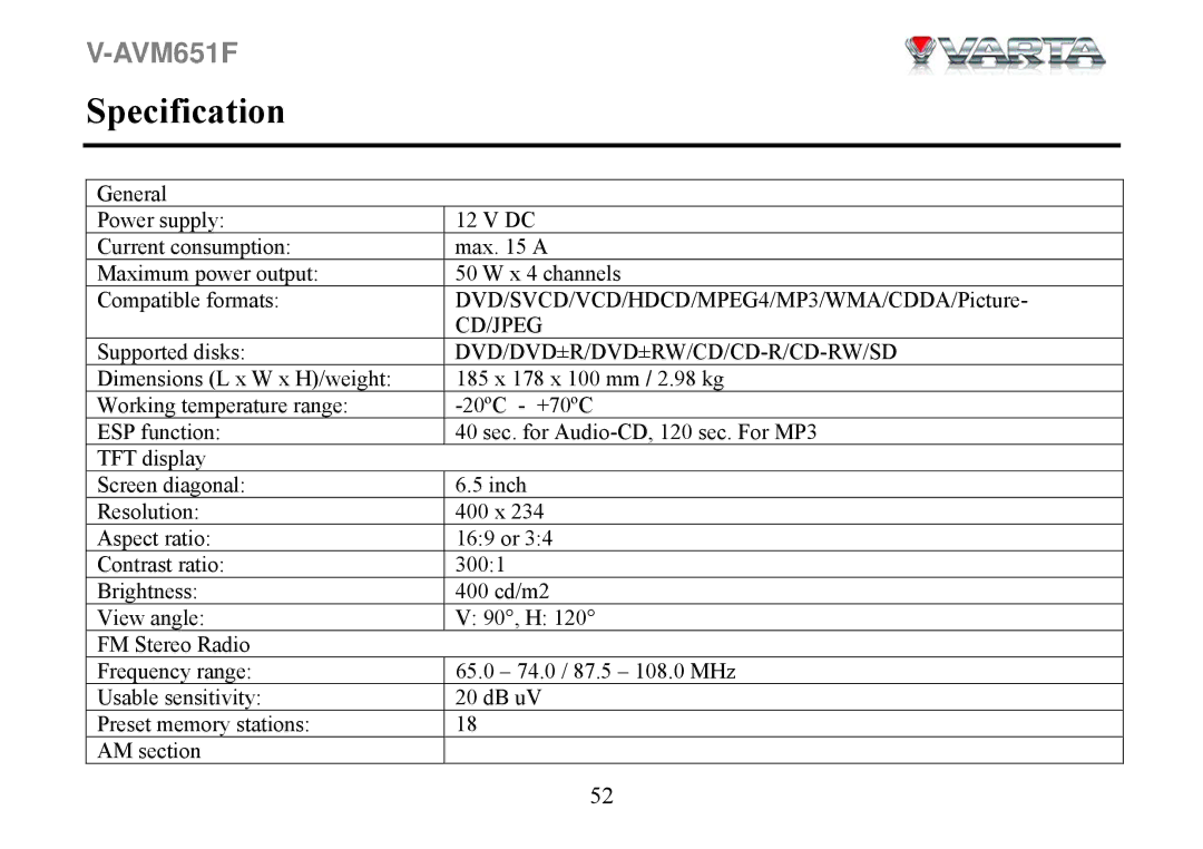 Varta V-AVM651F instruction manual Specification 