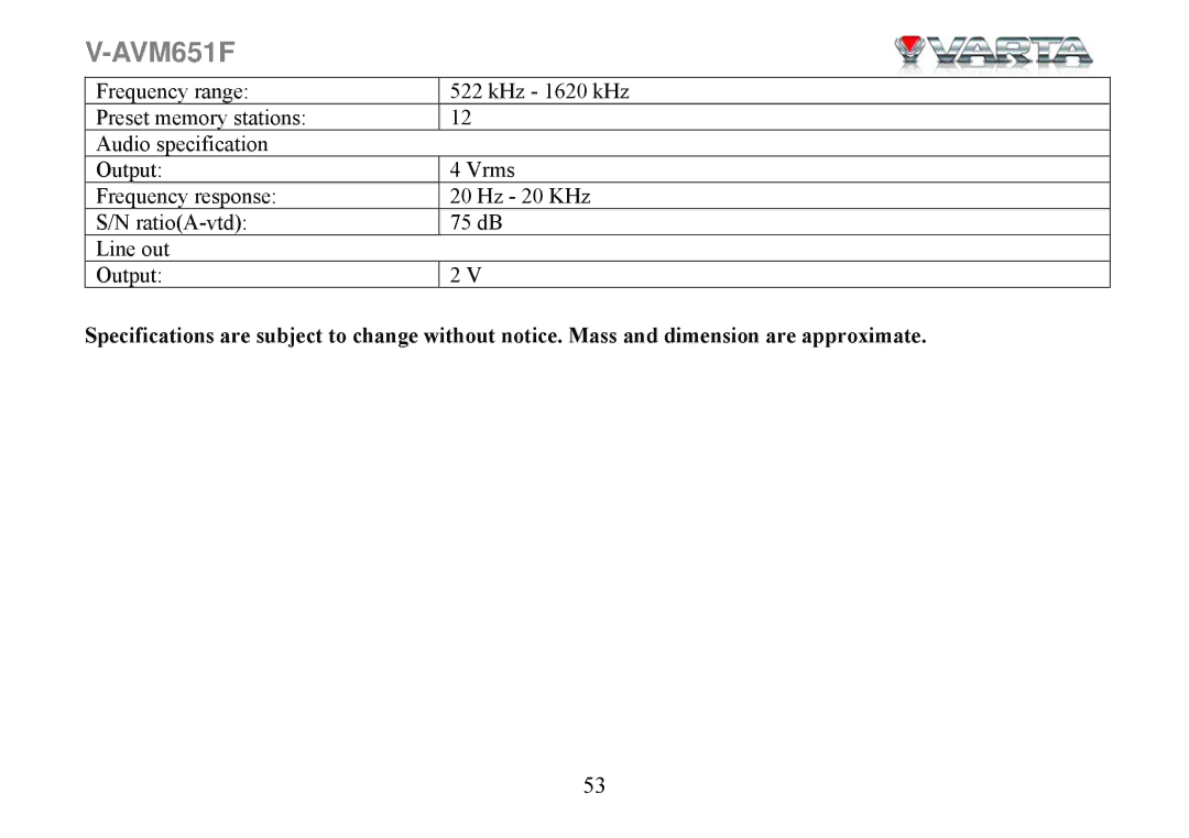 Varta V-AVM651F instruction manual 