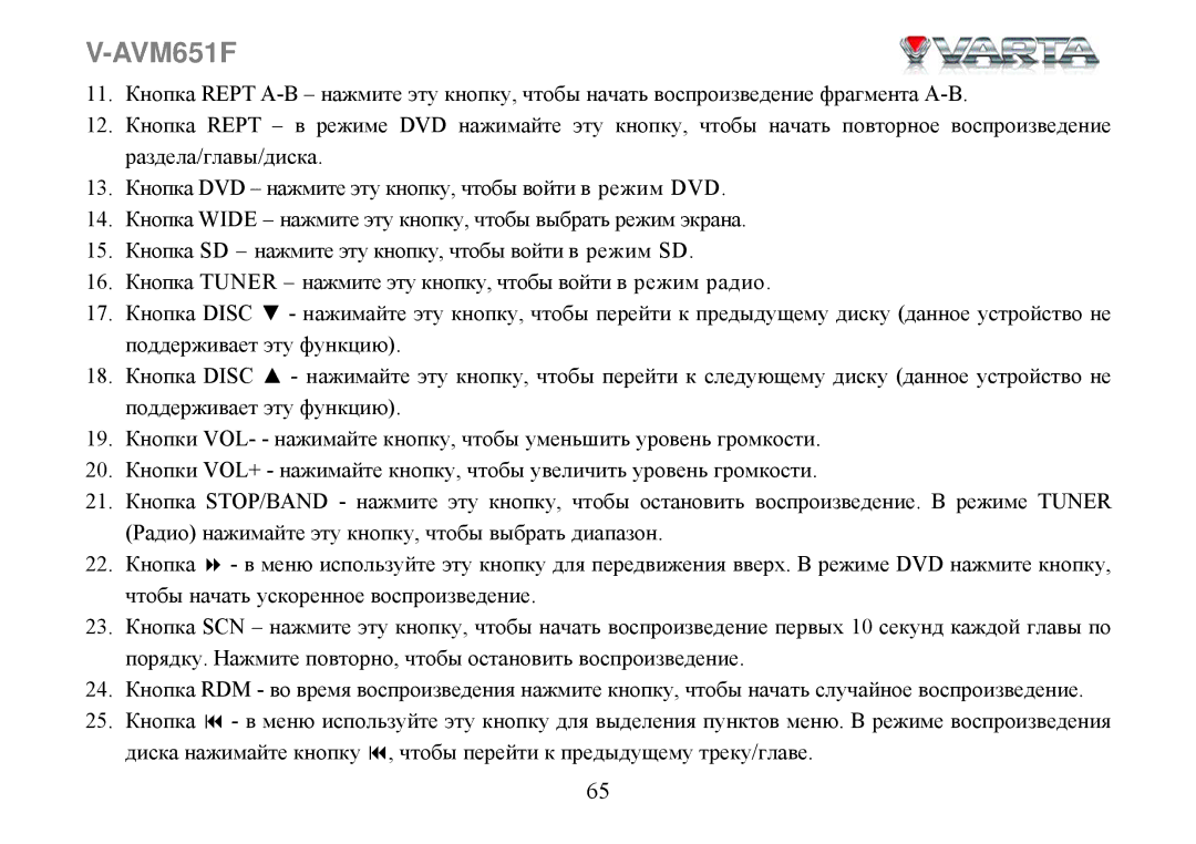 Varta V-AVM651F instruction manual 