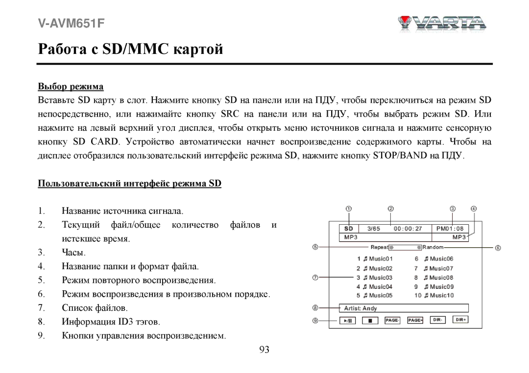 Varta V-AVM651F instruction manual Работа с SD/MMC картой, Пользовательский интерфейс режима SD 