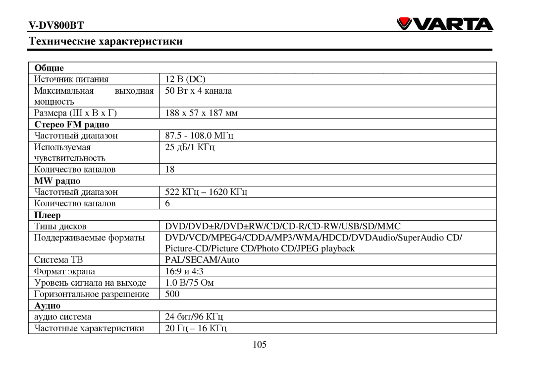 Varta V-DV800BT instruction manual Τехнические характеристики 