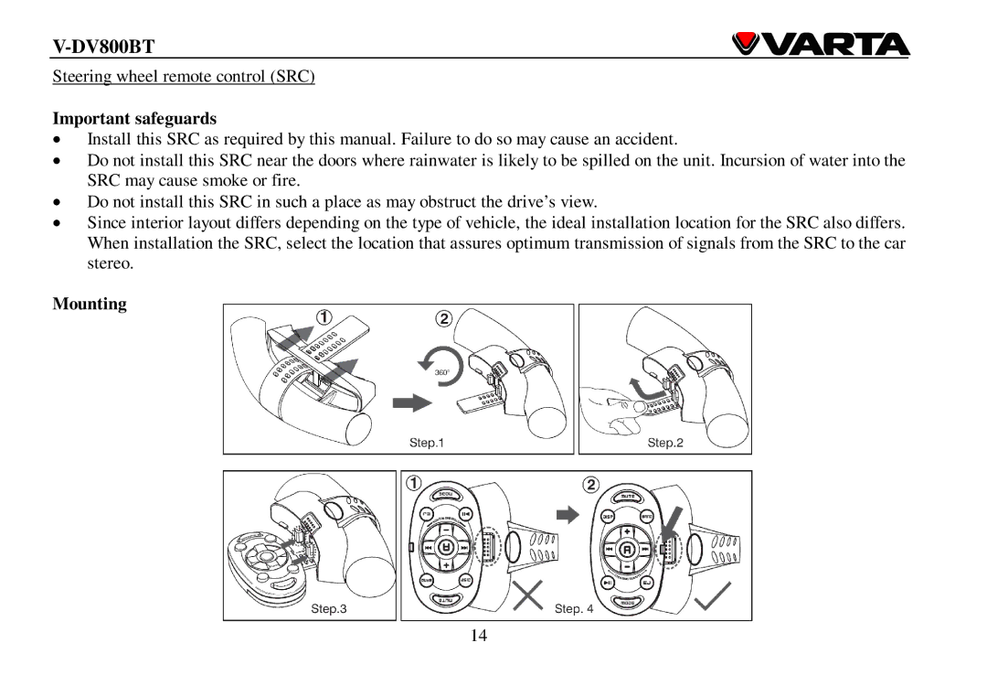 Varta V-DV800BT instruction manual Important safeguards, Mounting 