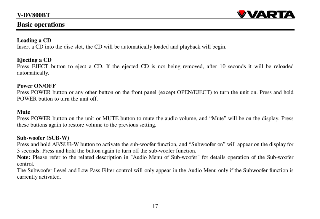 Varta V-DV800BT instruction manual Basic operations 