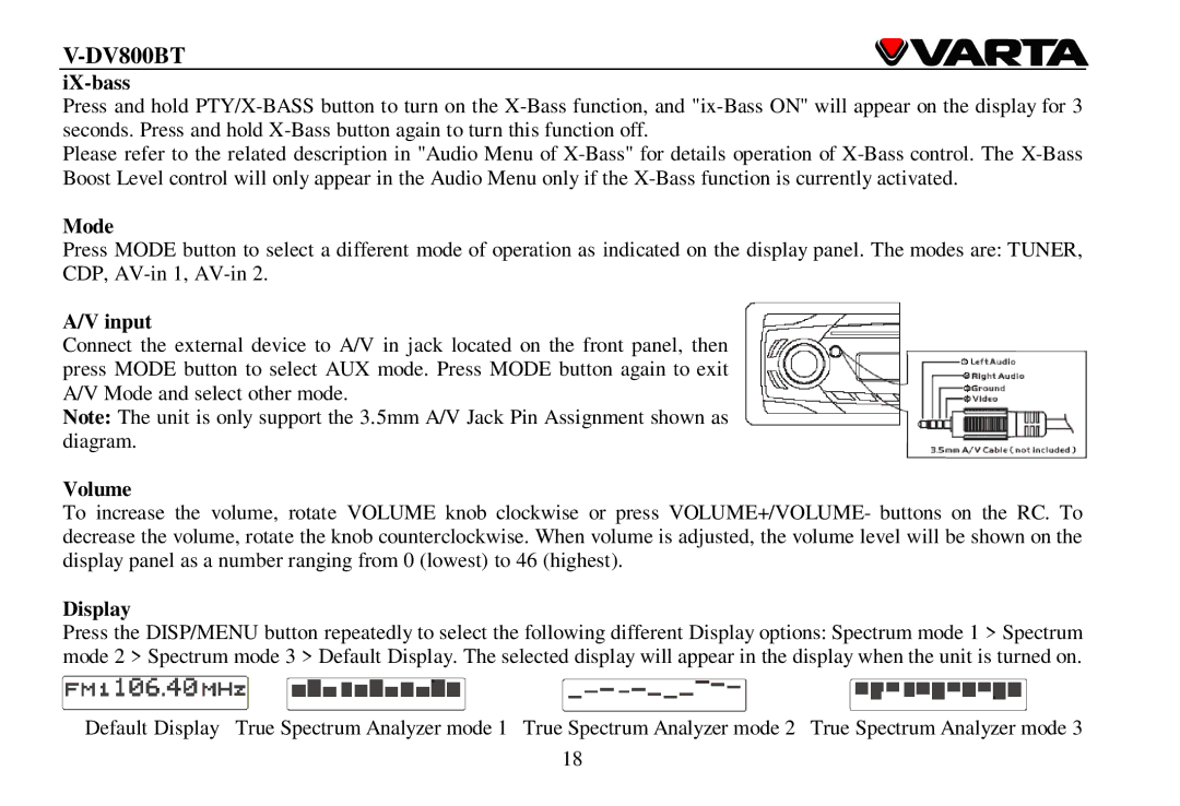 Varta V-DV800BT instruction manual IX-bass, Mode, Input, Volume, Display 