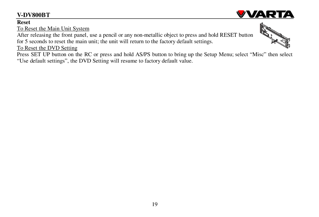 Varta V-DV800BT instruction manual Reset 