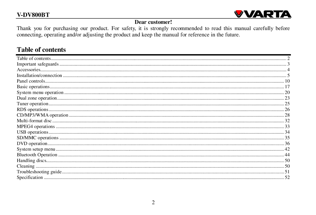 Varta V-DV800BT instruction manual Table of contents 