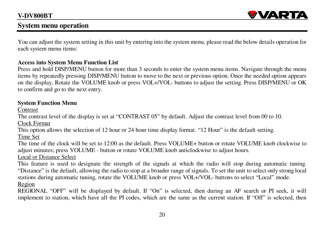 Varta V-DV800BT instruction manual System menu operation, Access into System Menu Function List, System Function Menu 