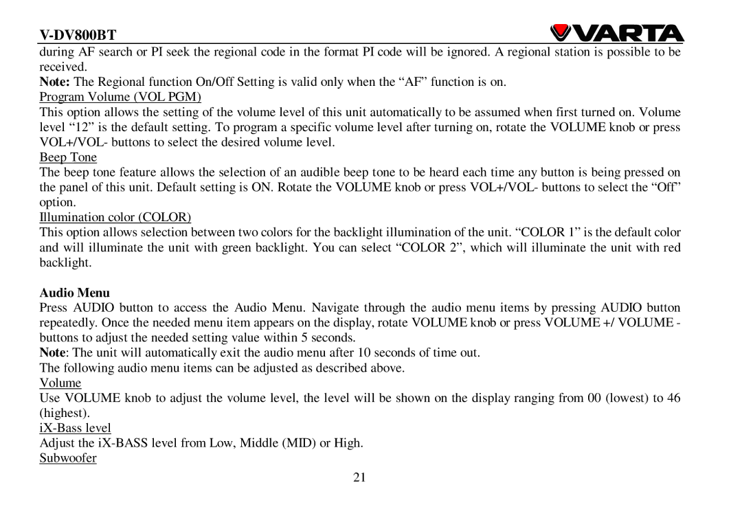 Varta V-DV800BT instruction manual Audio Menu 