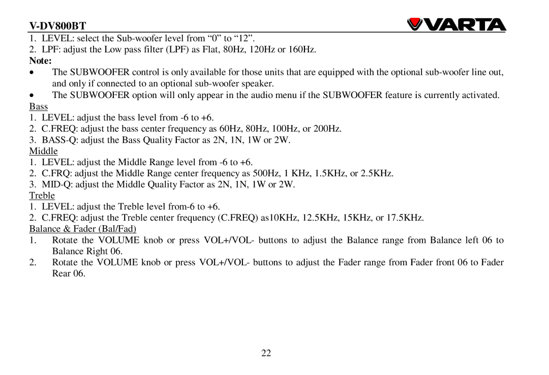 Varta V-DV800BT instruction manual 