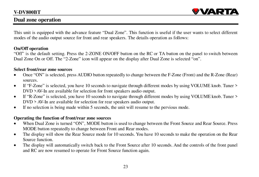 Varta V-DV800BT instruction manual Dual zone operation, On/Off operation, Select front/rear zone sources 