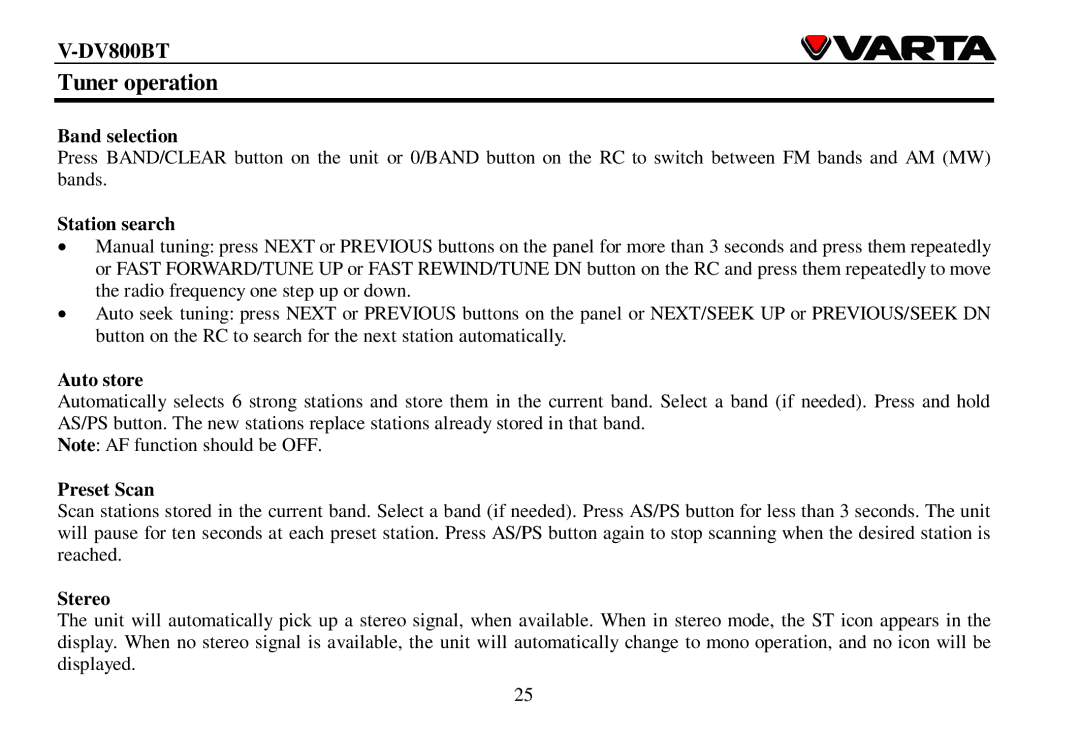 Varta V-DV800BT instruction manual Tuner operation 