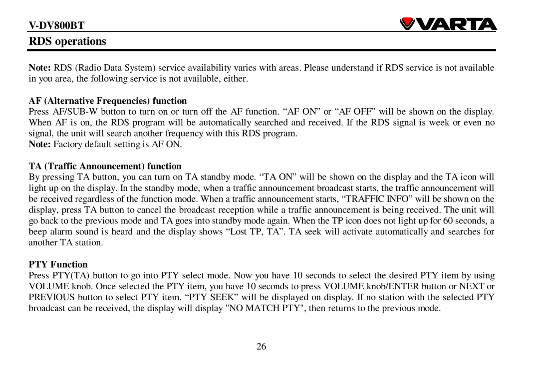 Varta V-DV800BT RDS operations, AF Alternative Frequencies function, TA Traffic Announcement function, PTY Function 