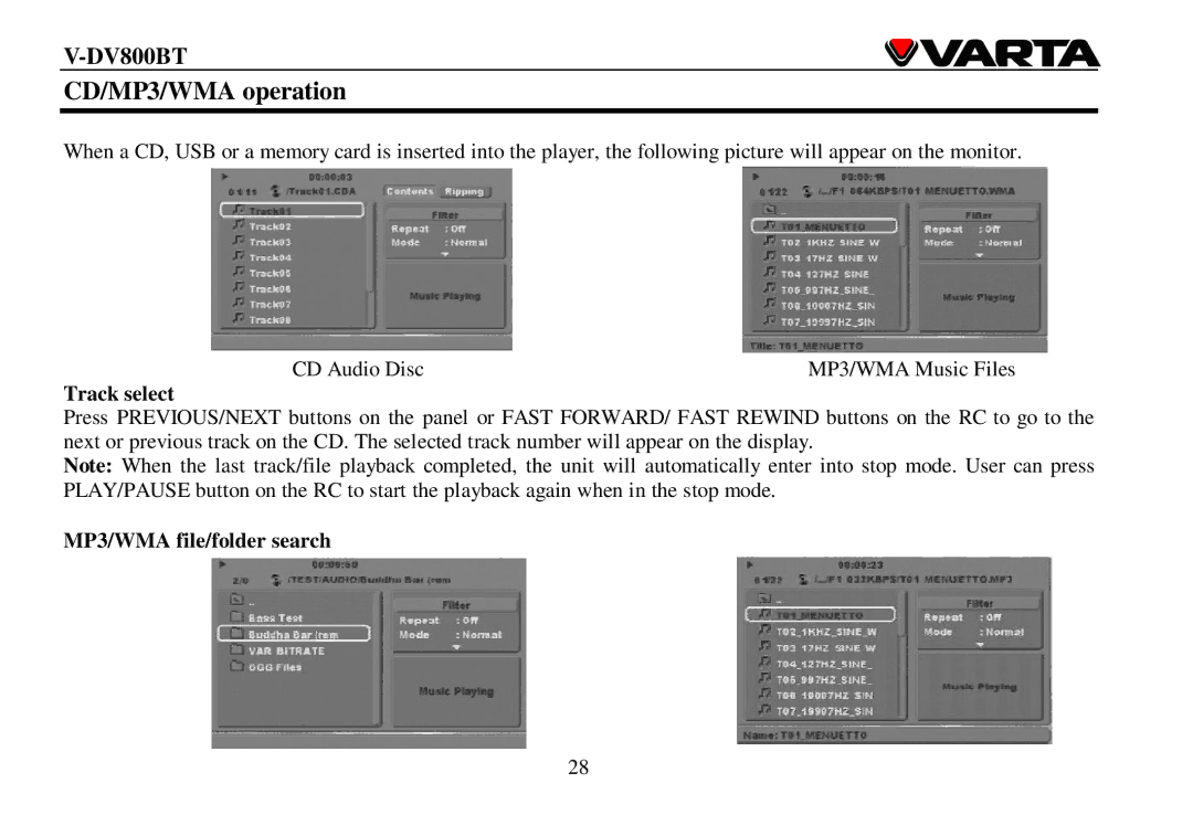 Varta V-DV800BT instruction manual CD/MP3/WMA operation, Track select, MP3/WMA file/folder search 