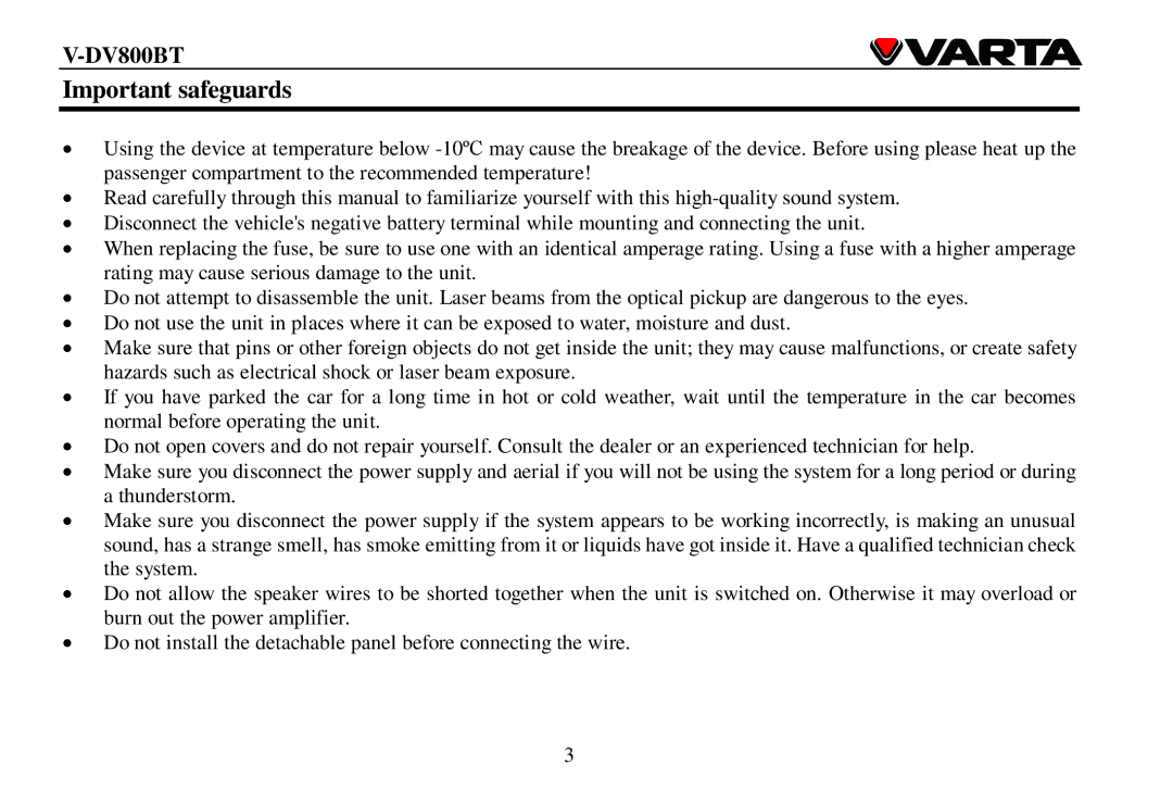 Varta V-DV800BT instruction manual Important safeguards 