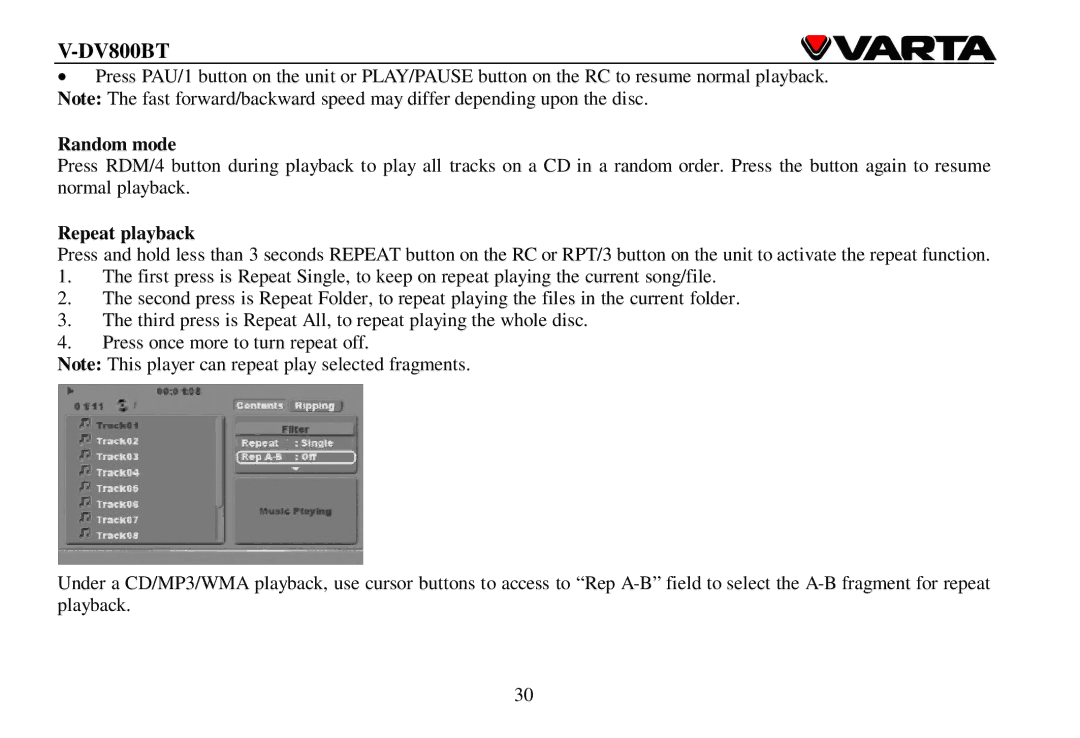 Varta V-DV800BT instruction manual Random mode, Repeat playback 